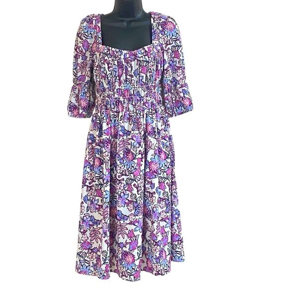 French Connection FCUK White Purple Floral Print Smocked Midi Dress Sz XS NWT - Picture 1 of 10